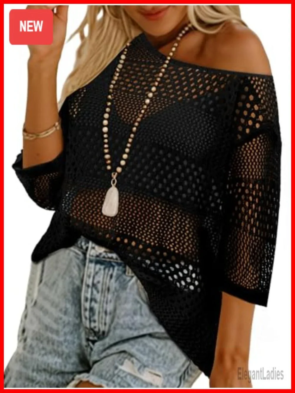 Crochet Hollow Out Three-Quarter Sleeve Beach Swim Cover Up Knit Top